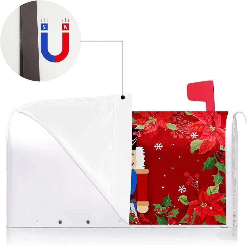 Texupday Merry Christmas Nutcracker Poinsettia Decoration Mailbox Cover with Magnetic Strip Winter Mailbox Wraps Post Letter Box Cover Standard Size 21" X 18" for Garden Outdoor Yard Decor - Image 3